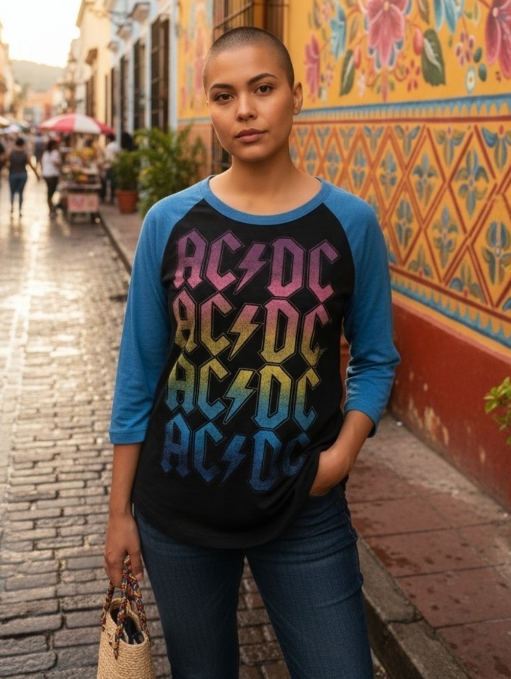 Vintage AC/DC Raglan Sleeve Burn Out Tee in Black W/ Blue 3/4 Sleeves